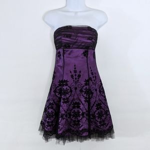 Strapless Purple Floral Mini Dress, Lace Up, Tulle